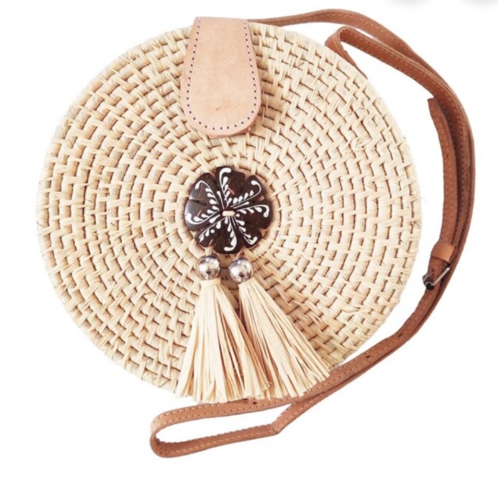 Round Woven Tan Bag with Silver Accent Handcrafted Raffia Bag